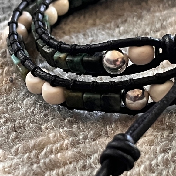 Double-Wrap Leather Bracelet - Square Turquoise, Sterling Silver, Howlite, - Picture 6 of 9